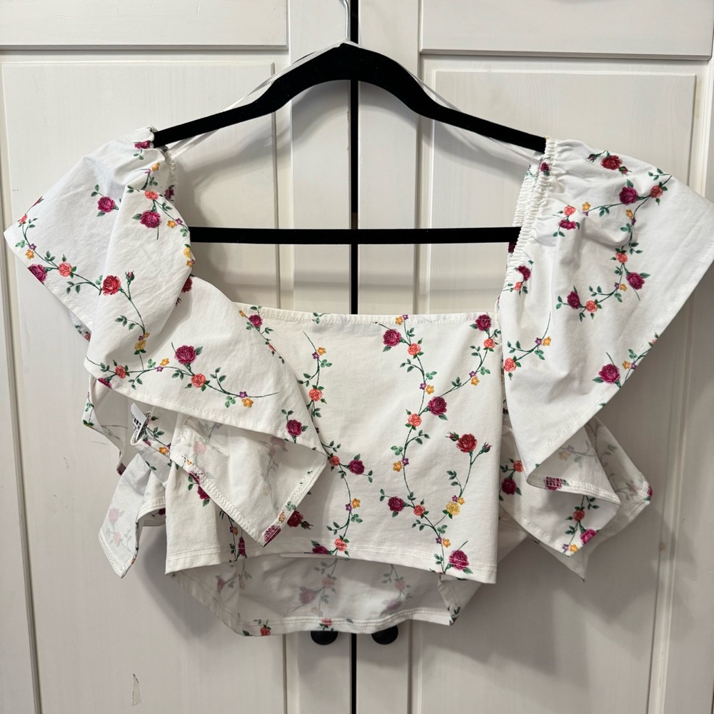 Zara Floral Puff Sleeve Crop Top NWT Size Large - Picture 5 of 6